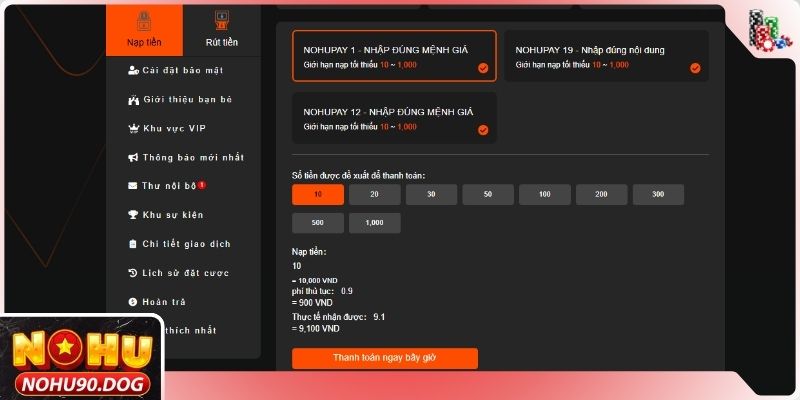 Lưu ý về điều kiện nạp tiền NOHU90